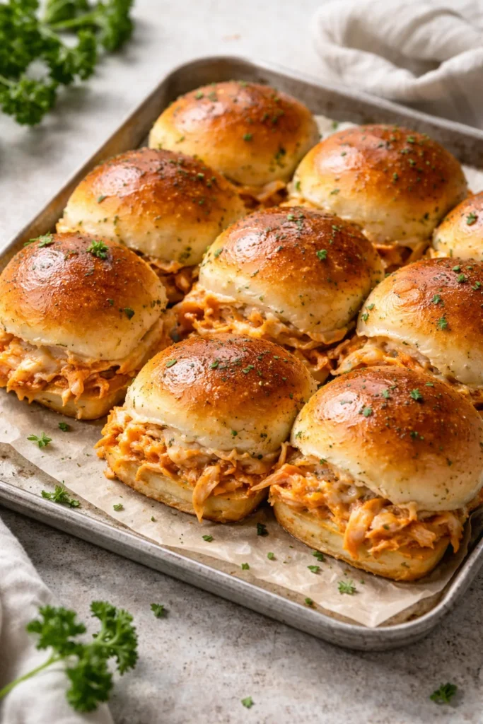 Delicious spicy Buffalo chicken sliders on a platter
