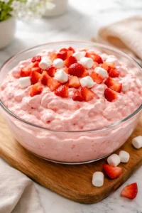 Strawberry Fluff Jello Salad with whipped cream and strawberries in a bowl