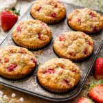Delicious strawberry streusel muffins topped with crumbly streusel and fresh strawberries.