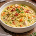 Bowl of crack chicken noodle soup with chicken, noodles, and vegetables