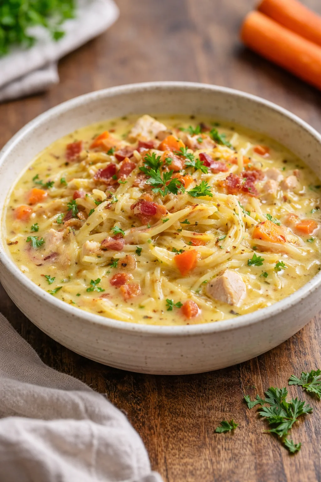 Bowl of crack chicken noodle soup with chicken, noodles, and vegetables