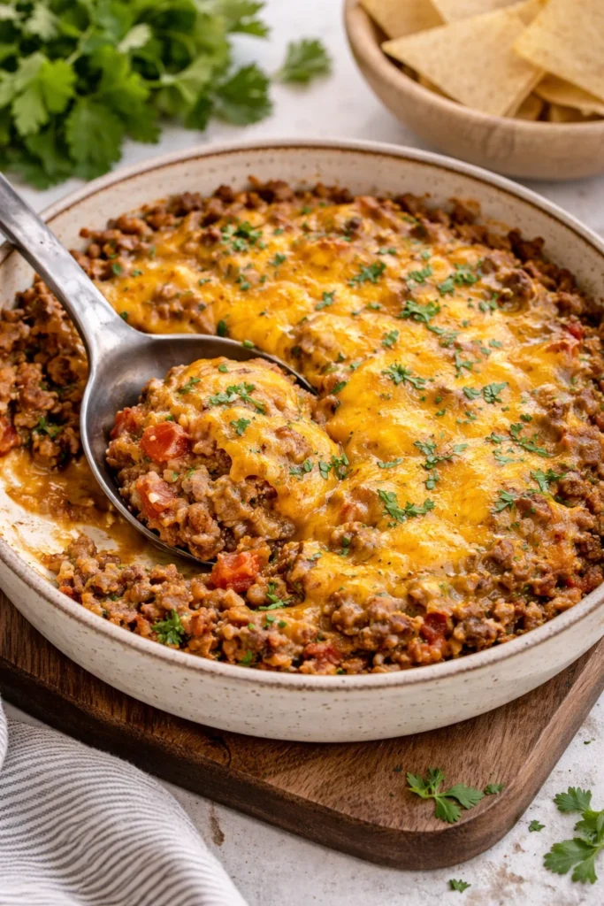 Delicious homemade Texas Hash with beef, rice, and spices served in a bowl.