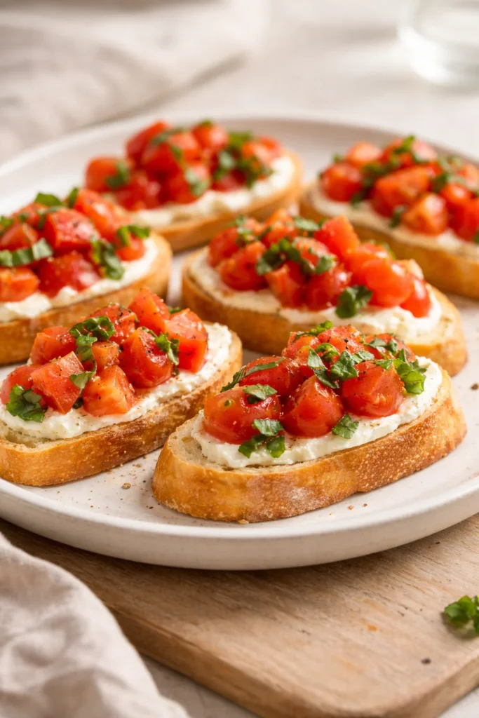 Whipped feta tomato crostini topped with fresh tomatoes on toasted bread