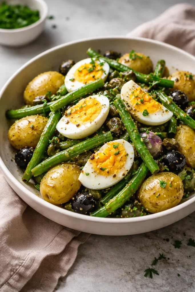 Zesty French-Style Potato and Green Bean Salad on a serving plate