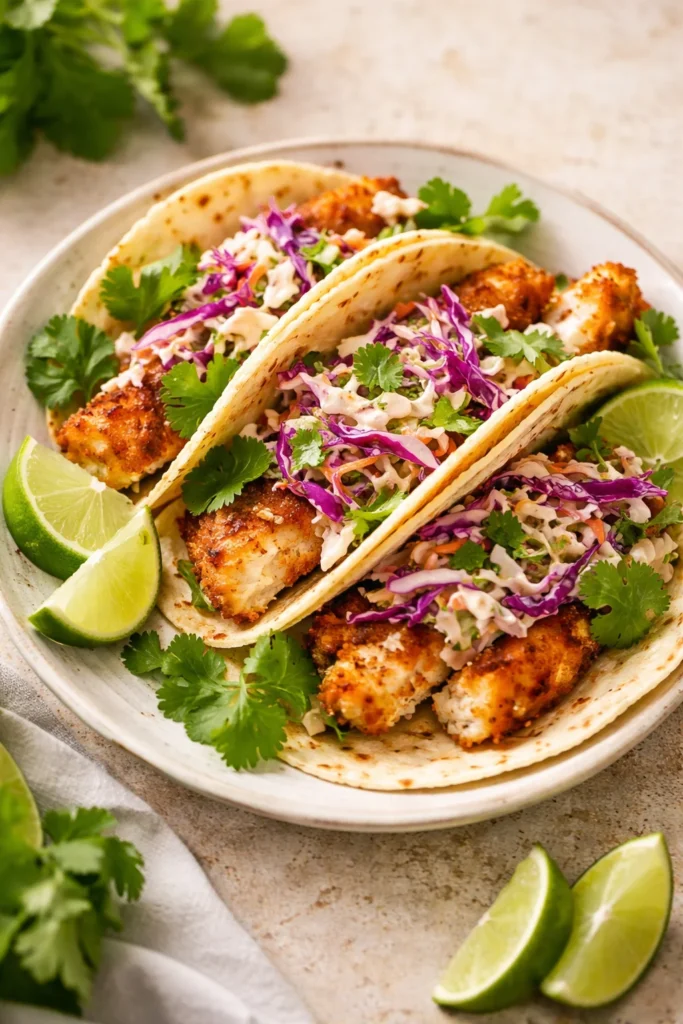 Air Fryer fish tacos with cilantro lime slaw served on a plate