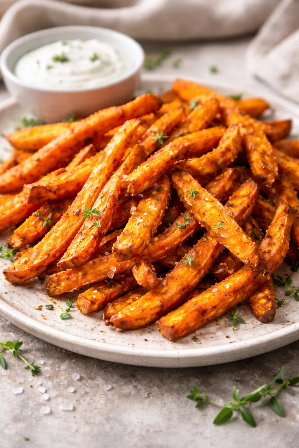 Crispy air fryer sweet potato fries served in a dish