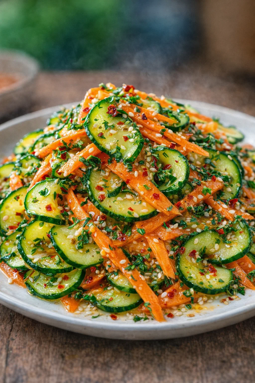 Colorful Asian Carrot Salad with fresh vegetables and sesame dressing