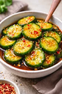 Bowl of Asian cucumber salad with colorful vegetables and dressing