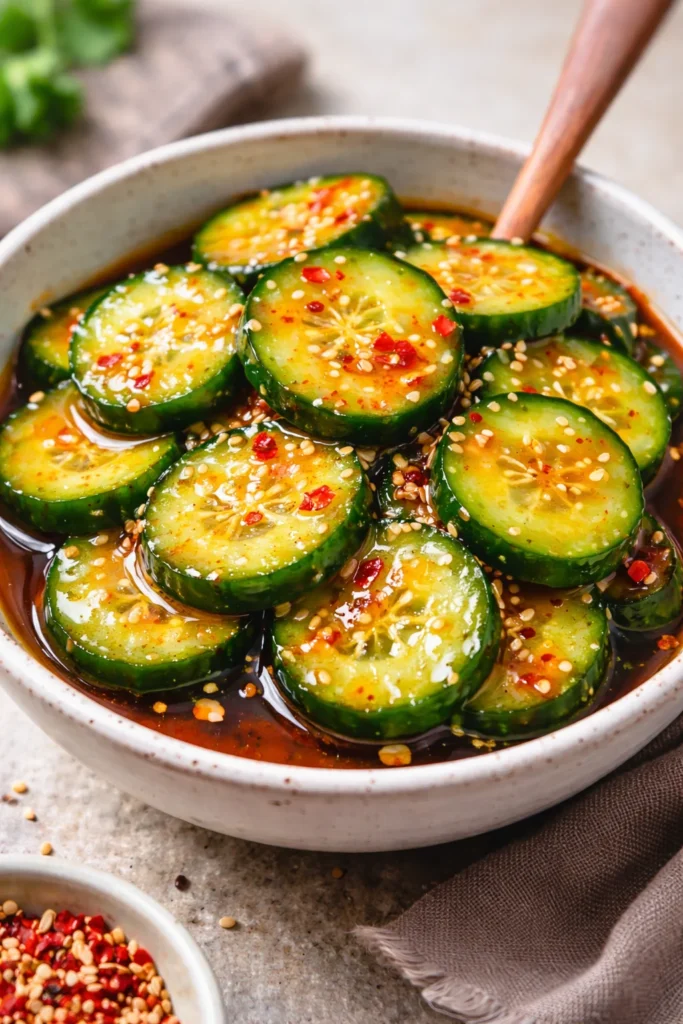 Bowl of Asian cucumber salad with colorful vegetables and dressing