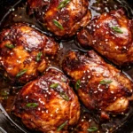 Baked chicken thighs glazed with honey soy sauce on a serving plate