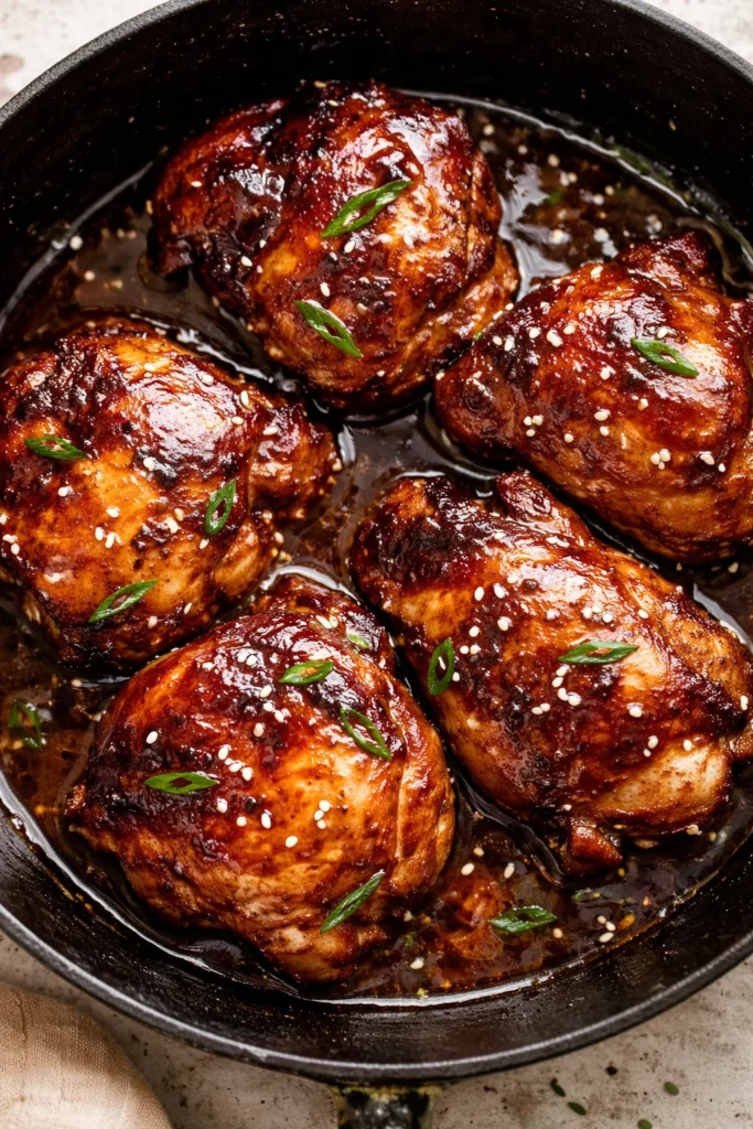 Baked chicken thighs glazed with honey soy sauce on a serving plate
