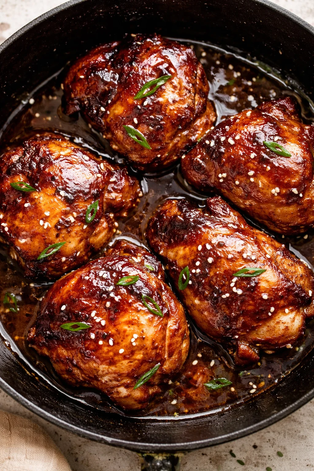 Baked chicken thighs glazed with honey soy sauce on a serving plate