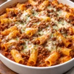 Baked rigatoni with ground beef topped with cheese and herbs in a baking dish