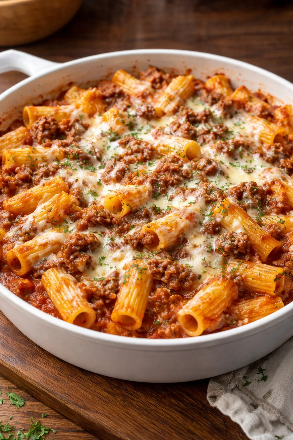 Baked rigatoni with ground beef topped with cheese and herbs in a baking dish