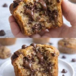 Freshly baked Banana Chocolate Chip Muffins cooling on a wire rack.