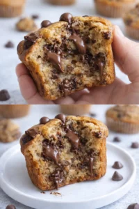 Freshly baked Banana Chocolate Chip Muffins cooling on a wire rack.