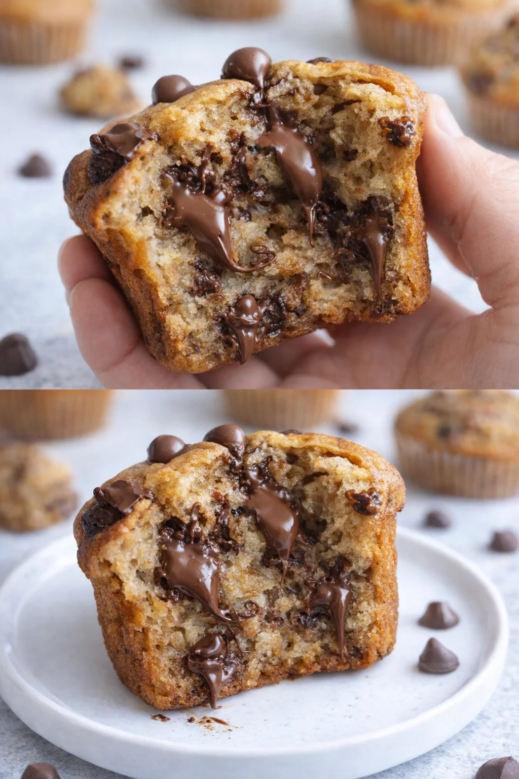 Freshly baked Banana Chocolate Chip Muffins cooling on a wire rack.