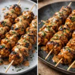 Delicious Bang Bang Chicken Skewers served on a plate with dipping sauce