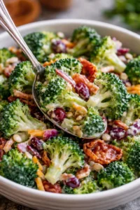 Broccoli salad with crispy bacon and fresh ingredients