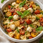 Colorful Bruschetta Pasta Salad with tomatoes, basil, and mozzarella served in a bowl.