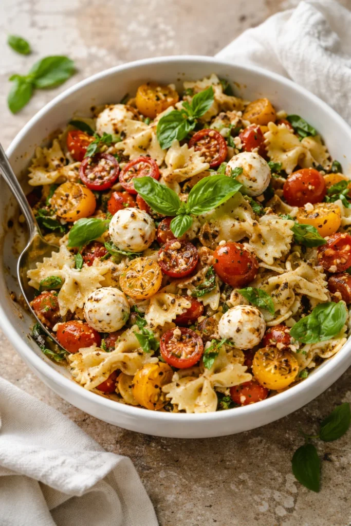 Colorful Bruschetta Pasta Salad with tomatoes, basil, and mozzarella served in a bowl.