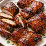 Caramelized BBQ chicken thighs sizzling on the grill.