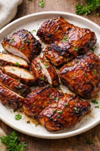 Caramelized BBQ chicken thighs sizzling on the grill.