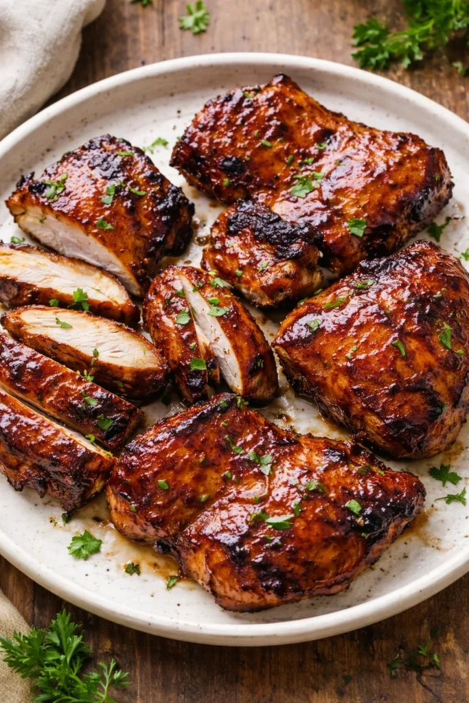 Caramelized BBQ chicken thighs sizzling on the grill.