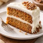 Delicious homemade carrot cake topped with cream cheese frosting