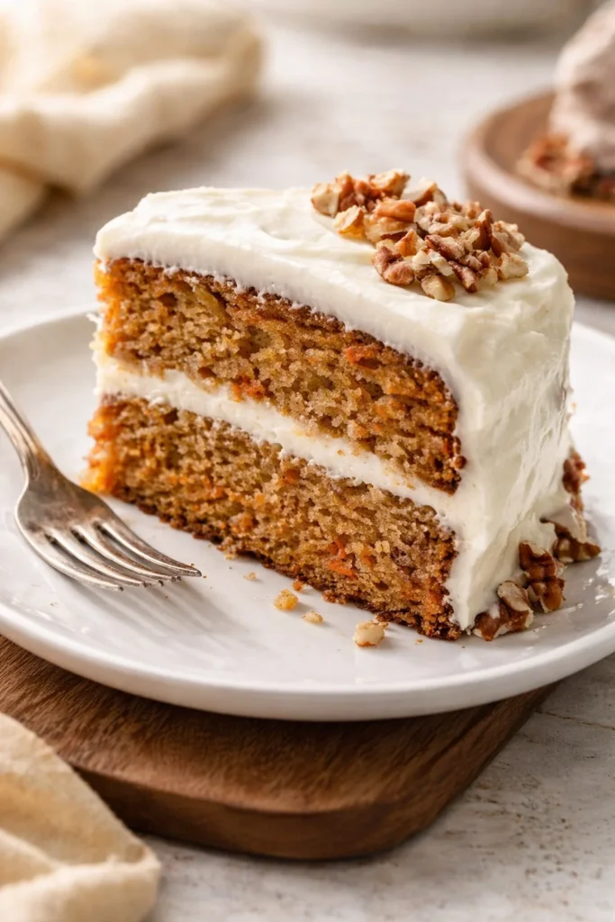 Delicious homemade carrot cake topped with cream cheese frosting