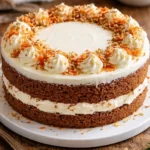 Delicious carrot cake with cream cheese frosting on a rustic wooden table