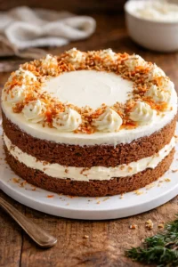 Delicious carrot cake with cream cheese frosting on a rustic wooden table