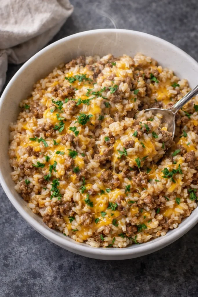 Cheesy Ground Beef and Rice Casserole fresh out of the oven