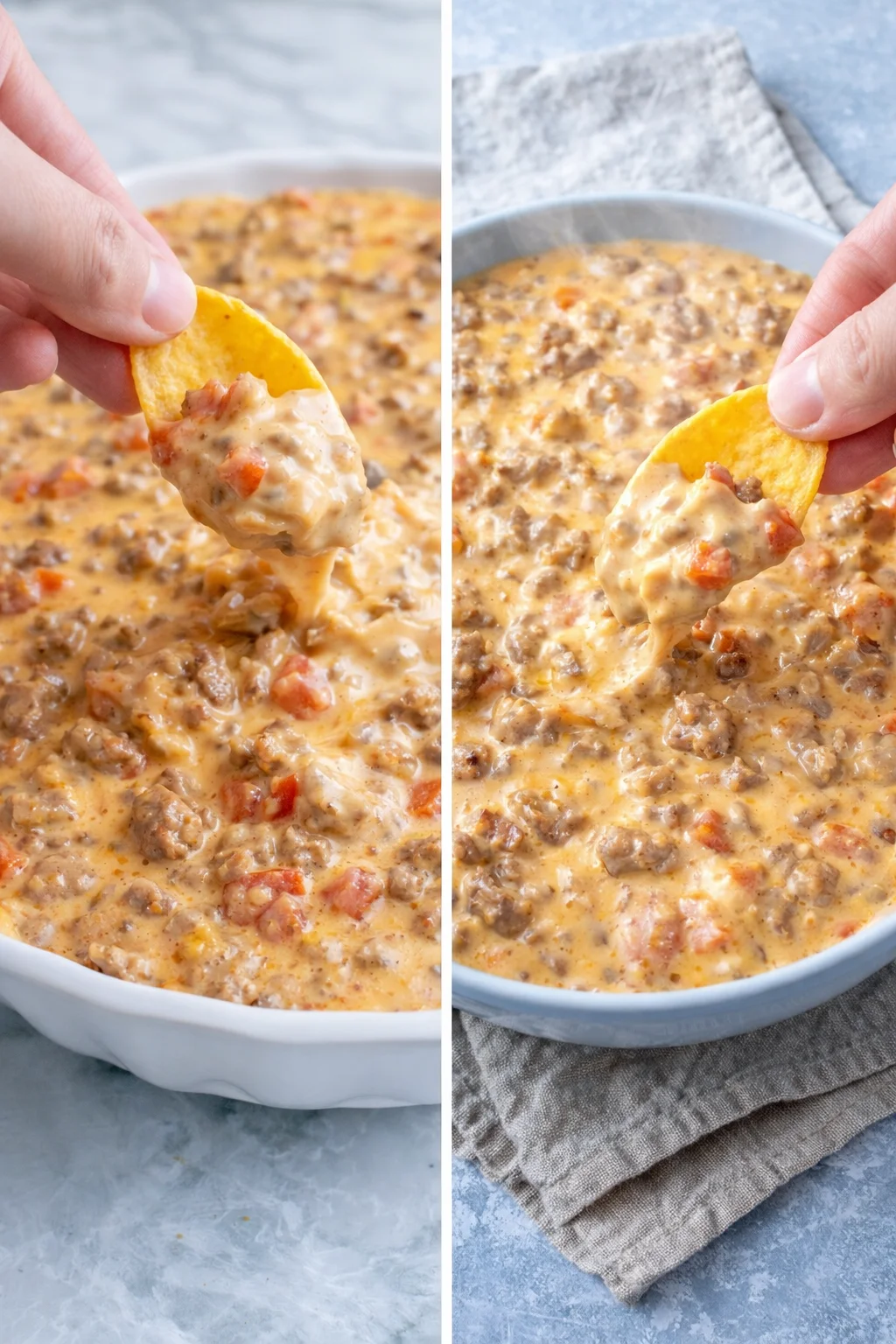 Delicious cheesy Rotel dip served with tortilla chips