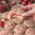 Chewy strawberry cheesecake cookies on a plate, showcasing their delicious texture.