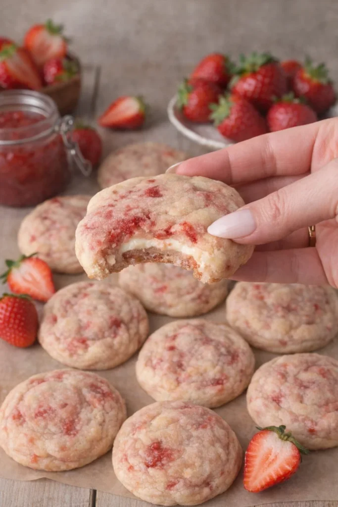 Chewy strawberry cheesecake cookies on a plate, showcasing their delicious texture.
