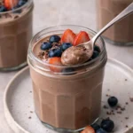 Delicious chocolate protein pudding in a bowl topped with chocolate shavings.