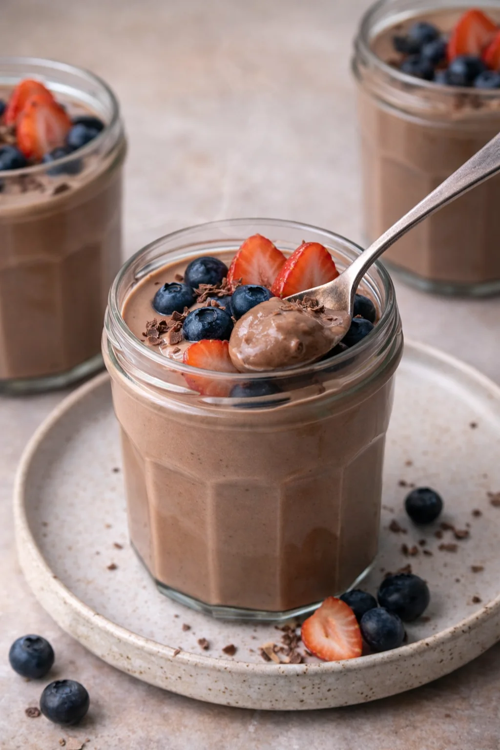 Delicious chocolate protein pudding in a bowl topped with chocolate shavings.