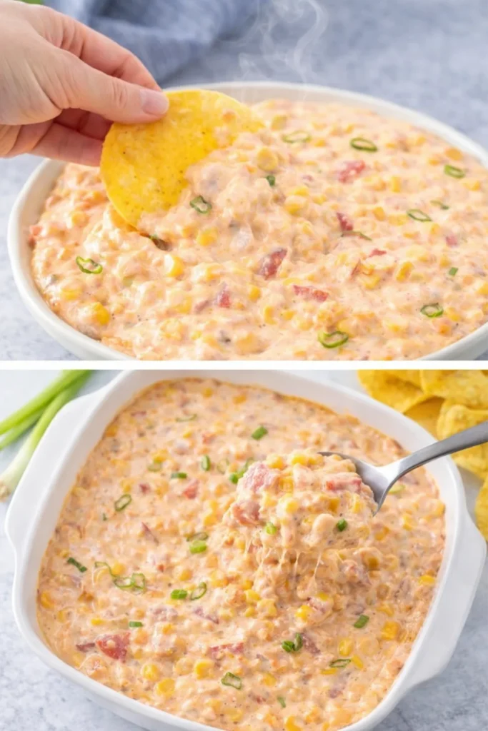 Creamy corn dip with Rotel served in a bowl, ideal for parties and gatherings.