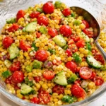 Colorful corn salad with fresh vegetables and herbs for a refreshing dish