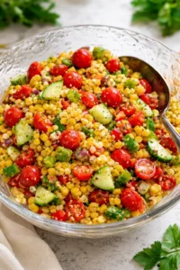 Colorful corn salad with fresh vegetables and herbs for a refreshing dish