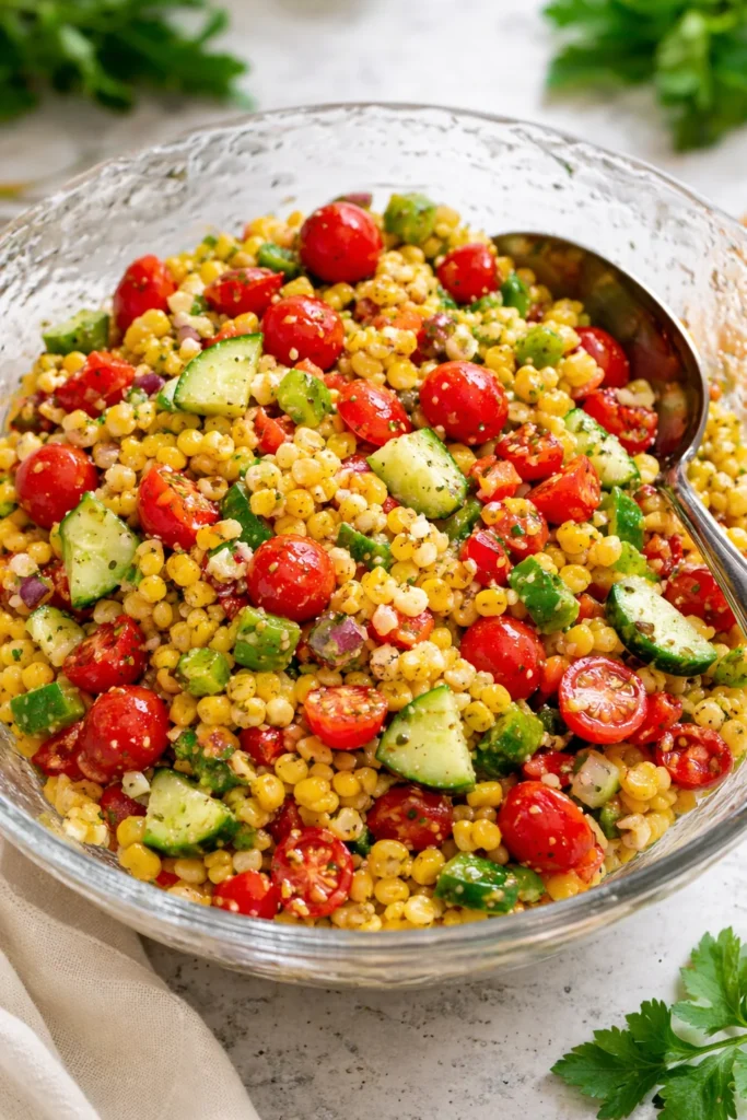 Colorful corn salad with fresh vegetables and herbs for a refreshing dish