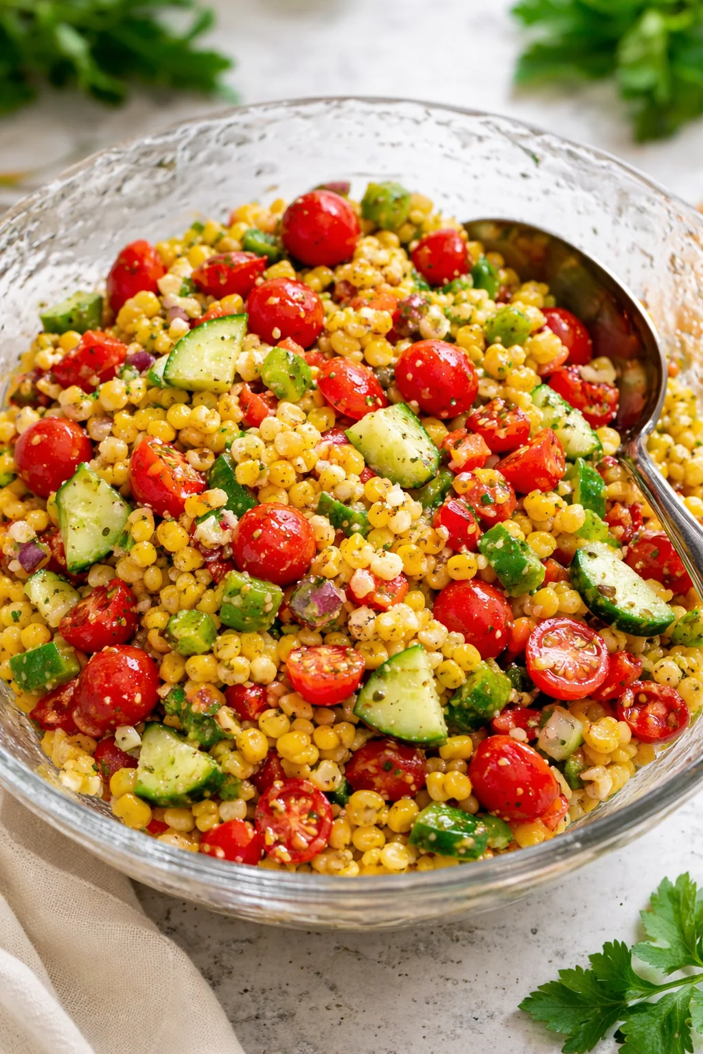 Colorful corn salad with fresh vegetables and herbs for a refreshing dish