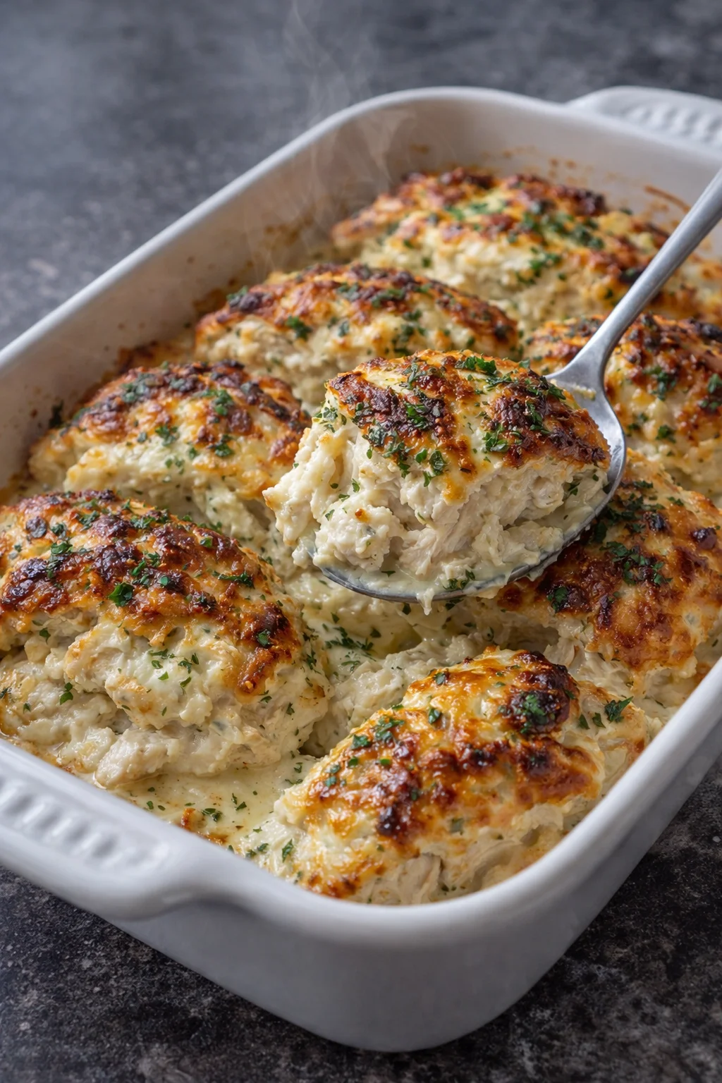 Cottage Cheese Chicken Bake in a baking dish, showcasing creamy texture and ingredients.