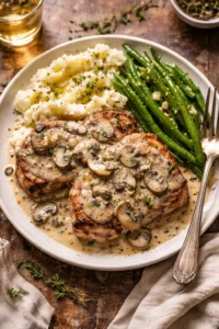 Creamy mushroom pork chops served on a plate with garnish