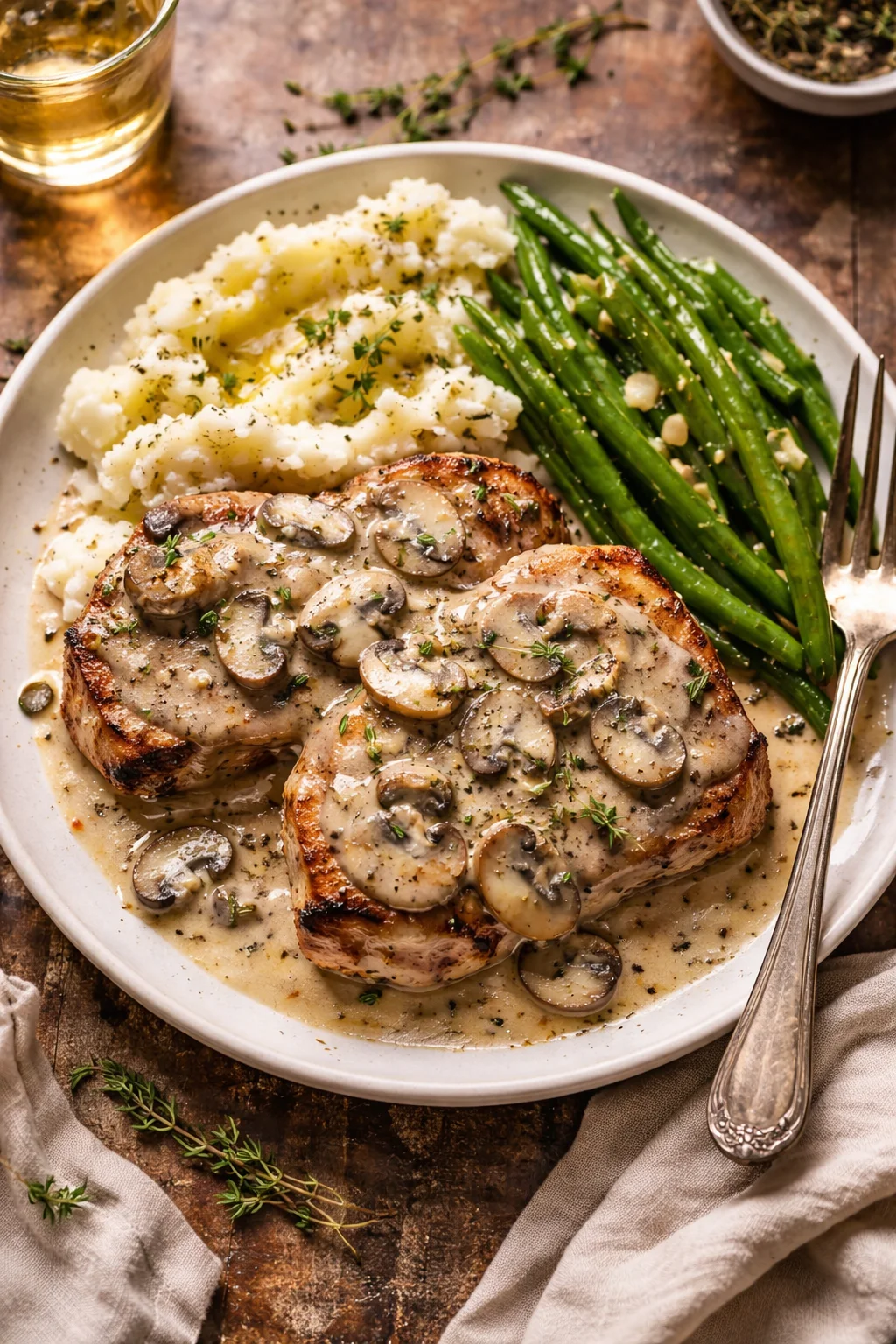 Creamy mushroom pork chops served on a plate with garnish