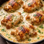 Creamy oven baked chicken thighs served with herbs and spices