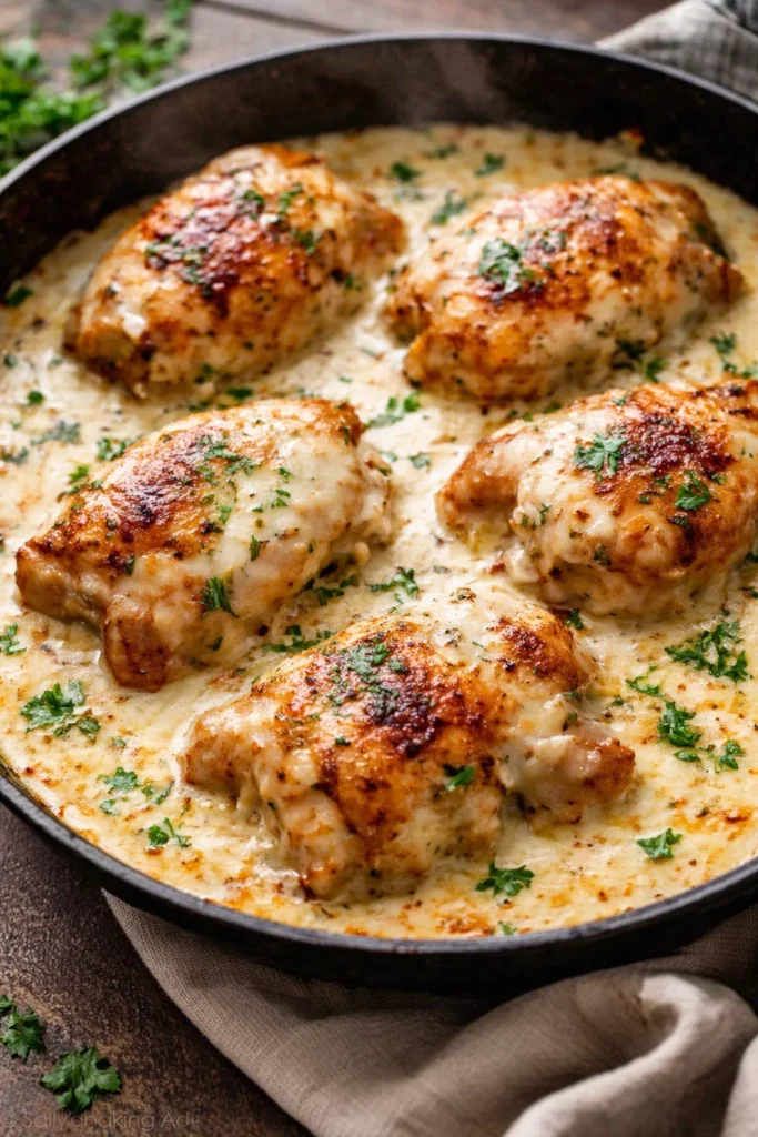 Creamy oven baked chicken thighs served with herbs and spices