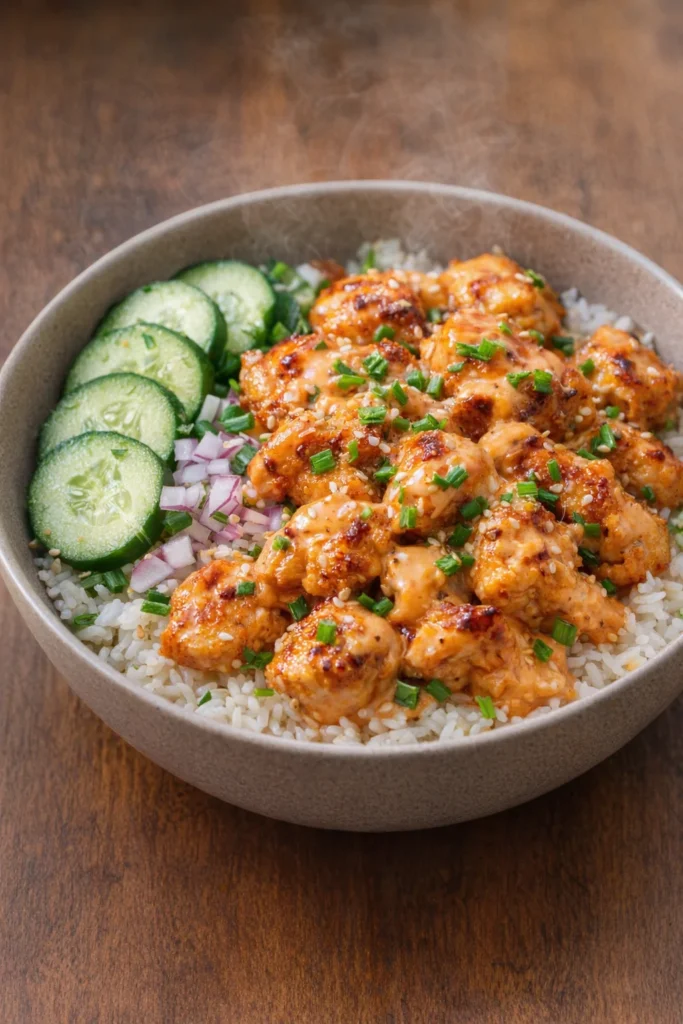Plate of crispy chicken with spicy creamy sauce served on jasmine rice