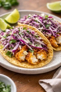 Plate of crispy fish tacos topped with fresh ingredients